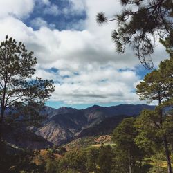 Scenic view of mountains against cloudy sky