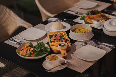 High angle view of food served on table