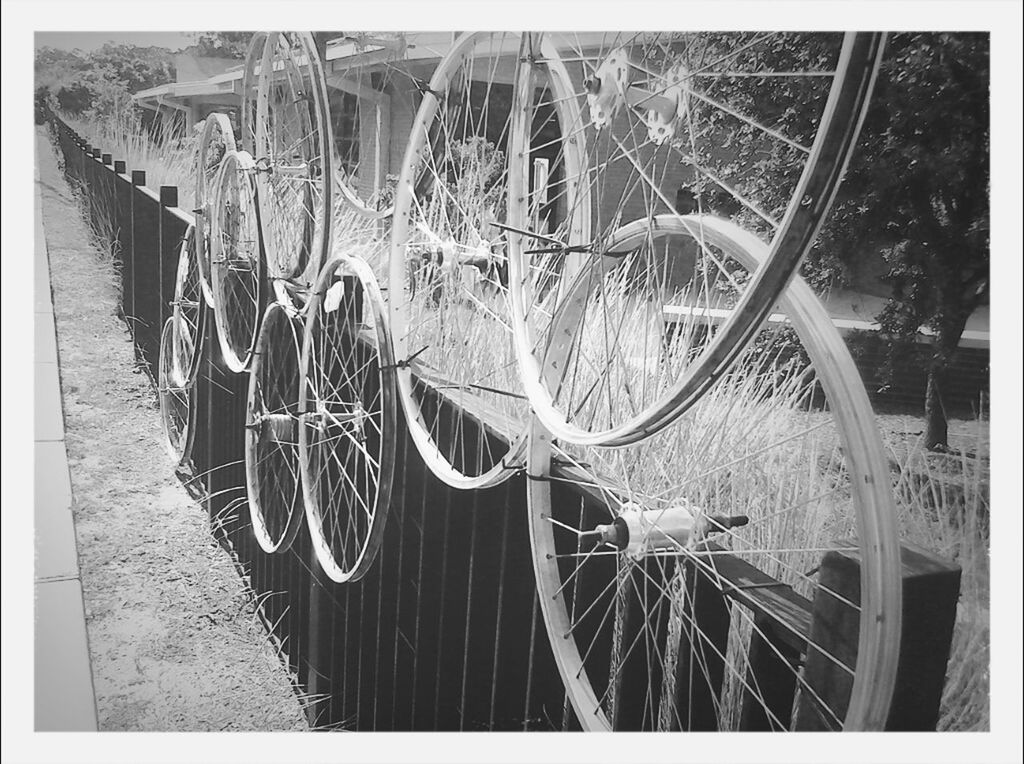 transfer print, auto post production filter, transportation, bicycle, mode of transport, land vehicle, stationary, parked, street, parking, day, outdoors, car, sunlight, water, reflection, wheel, tree, travel, panoramic