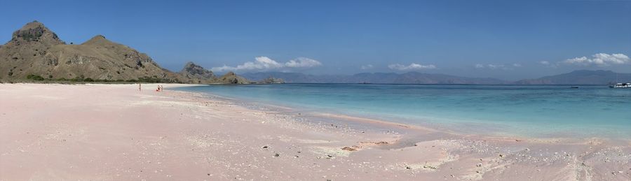 Scenic view of beach against blue sky