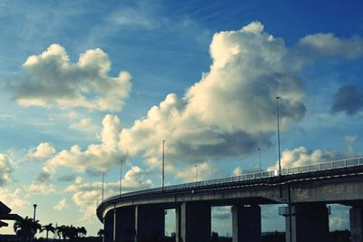 Low angle view of bridge against cloudy sky