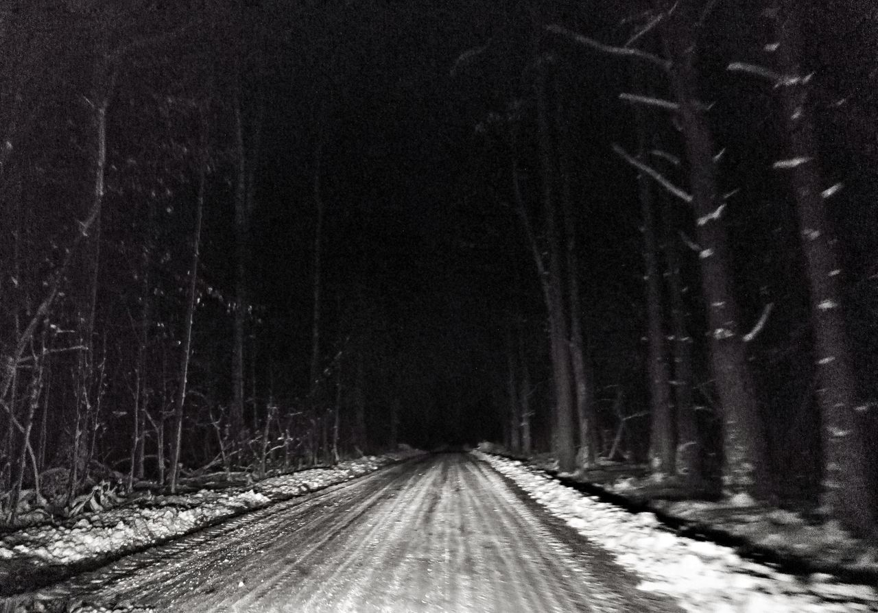 ROAD AMIDST TREES AGAINST SKY DURING WINTER