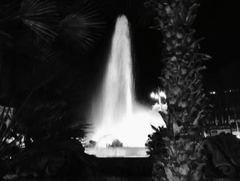 Low angle view of waterfall against trees at night