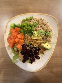 High angle view of salad in bowl on table