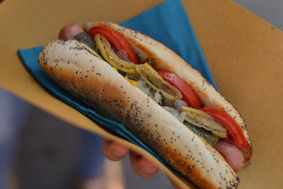 Close-up of cropped hand holding hot dog