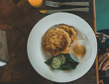 High angle view of breakfast served on table