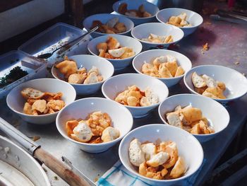 High angle view of food served on table