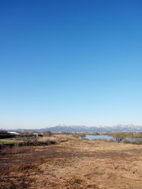 Scenic view of landscape against clear blue sky