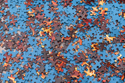 High angle view of toys on blue background