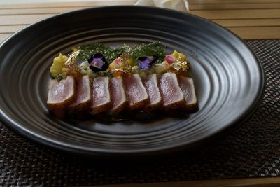 High angle view of food in plate on table