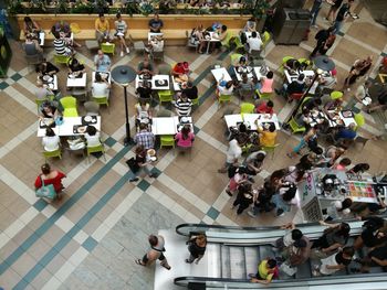 High angle view of people on floor