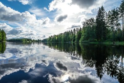 Reflection of trees and clouds in lake on sunny day