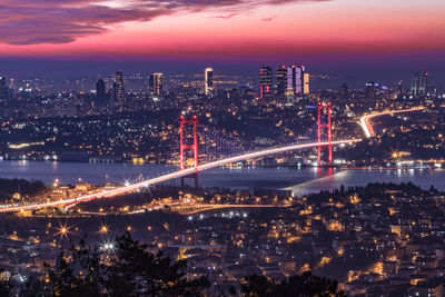 Illuminated cityscape by river against sky at night