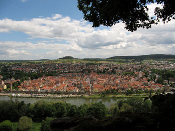 High angle view of town against cloudy sky