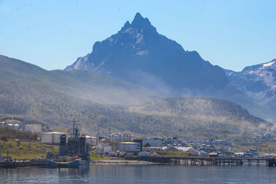 Scenic view of lake and mountains against sky