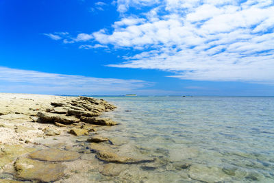 Scenic view of sea against blue sky