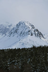 Scenic view of snowcapped mountains against clear sky