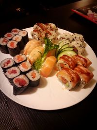 High angle view of sushi served on table