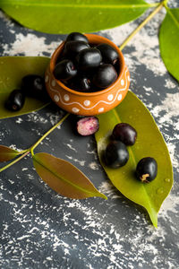 High angle view of grapes on table