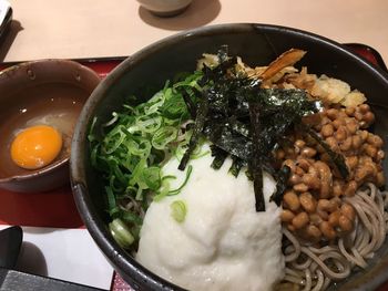 High angle view of food in bowl on table