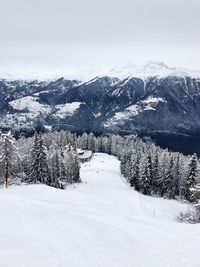 Snow covered landscape against sky