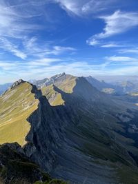 Scenic view of mountains against sky during sunset