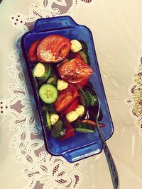 High angle view of meal served on table