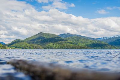 Scenic view of lake by mountains against sky