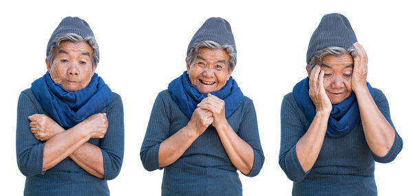 Multiple image of happy senior woman standing against white background