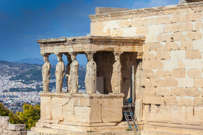 Lateral view of the loggia of the caryatids in the erechtheum,  athens, greece