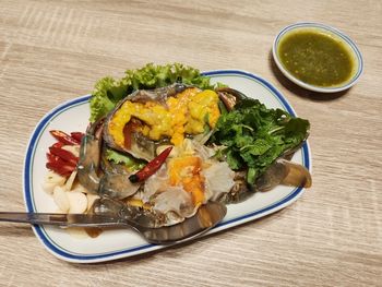 High angle view of meal served on table