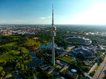 High angle view of city buildings against sky