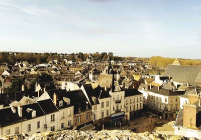 High angle shot of townscape against sky