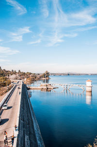 High angle view of sea against blue sky
