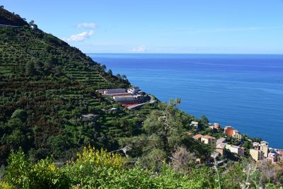 Slope by sea against sky