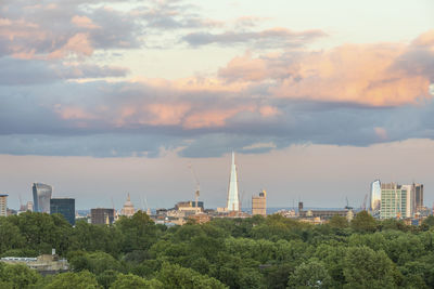 Trees and buildings against sky during sunset