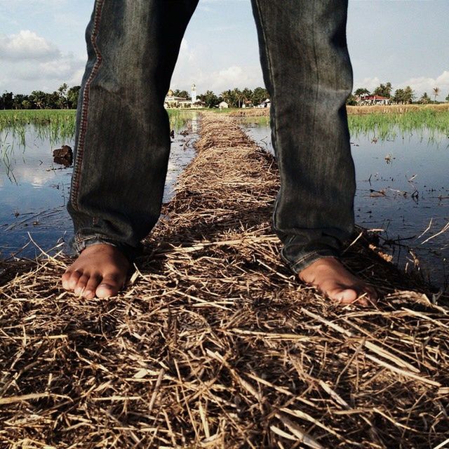 low section, person, water, lifestyles, standing, part of, grass, field, leisure activity, men, sky, day, human foot, outdoors, tree, tree trunk