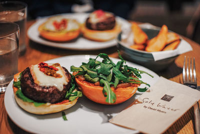 Close-up of meal served on table in restaurant