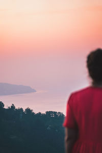 Rear view of man standing against sky during sunset