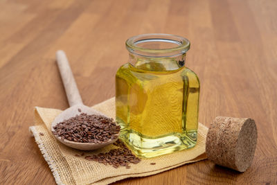 Close-up of drink in jar on table