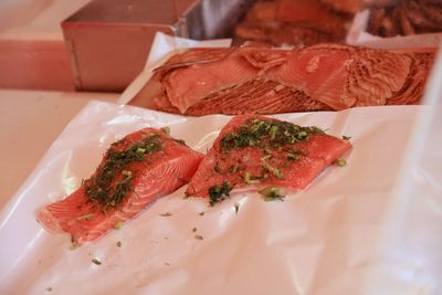 High angle view of salmon fish served in plate