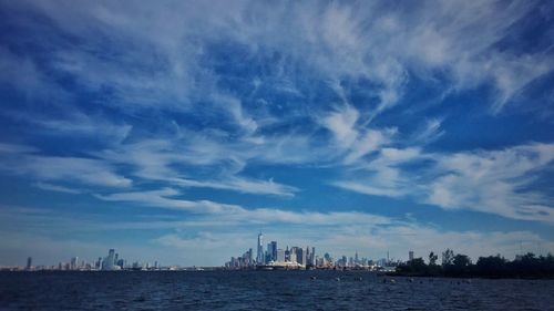 Scenic view of river by cityscape against sky