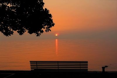 Silhouette tree by sea against orange sky 