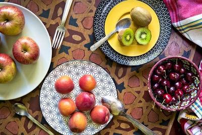 High angle view of fruits in bowl on table