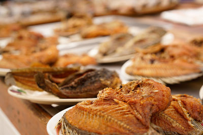 Close-up of meat in plate on table