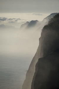 Scenic view of sea and mountains against sky