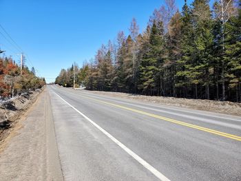 Empty road by trees against sky