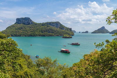 High angle view of bay against sky