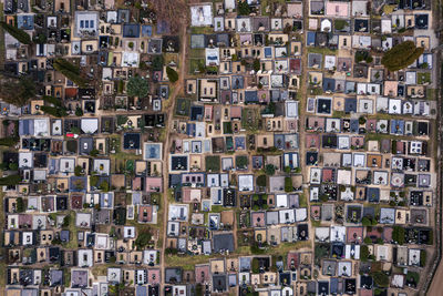 Full frame shot of colorful graveyard tombstones texture form aerial perspective 