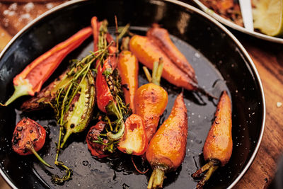 High angle view of meat in cooking pan